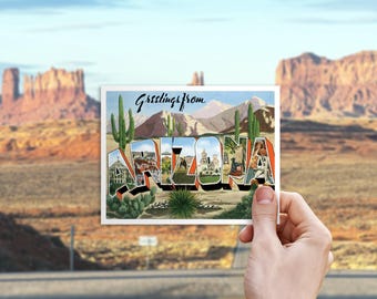 Big Letter Arizona Save the Date Postcard | Greetings from Arizona Retro Desert Wedding Invitation or RSVP