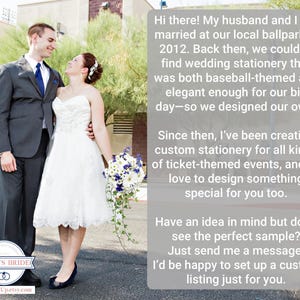 wedding couple standing outdoors at a sunny ballpark with text sharing the shop story and custom sports themed wedding stationery services