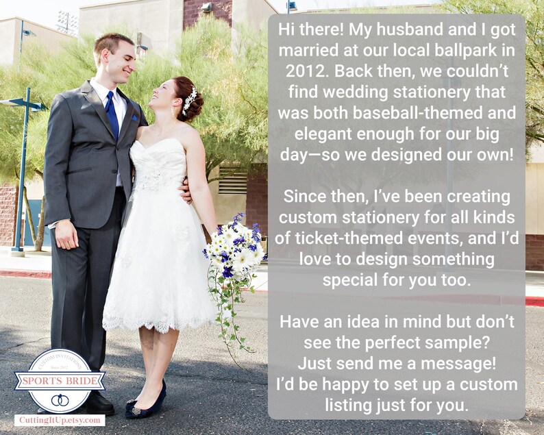 wedding couple standing outdoors at a sunny ballpark with text sharing the shop story and custom sports themed wedding stationery services