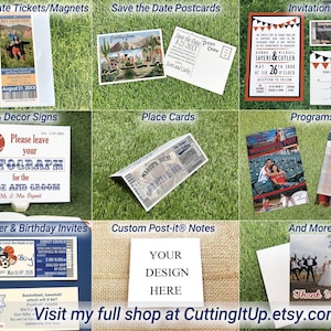 Collage showing examples of sports-themed stationery and event items, including save the date tickets, postcards, invitations, table signs, place cards, programs, baby shower and birthday tickets, custom Post-it notes, and thank-you cards, all displayed on grass backgrounds.