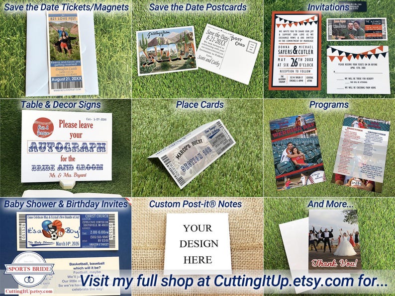 Collage showing examples of sports-themed stationery and event items, including save the date tickets, postcards, invitations, table signs, place cards, programs, baby shower and birthday tickets, custom Post-it notes, and thank-you cards, all displayed on grass backgrounds.