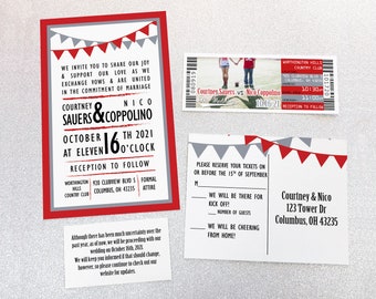 Football Wedding Ticket Invitation and RSVP Card or Postcard Suite, Ohio State Theme Wedding Invite Digital Download, University Tailgate