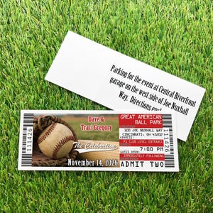 A baseball ticket invitation, front and back over a grass background