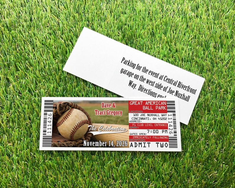 A baseball ticket invitation, front and back over a grass background