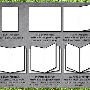 wedding program page count guide showing 2, 4, 6, 8, 10, and 12 page program options with cardstock and magazine paper printing styles