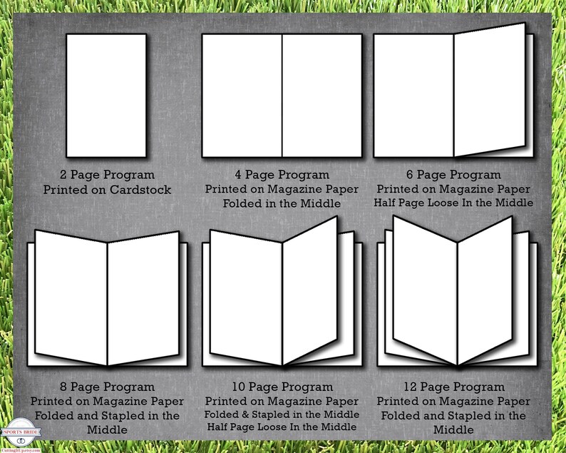 wedding program page count guide showing 2, 4, 6, 8, 10, and 12 page program options with cardstock and magazine paper printing styles