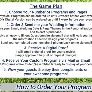 wedding program ordering process infographic showing step by step instructions from choosing page count to proof approval and delivery