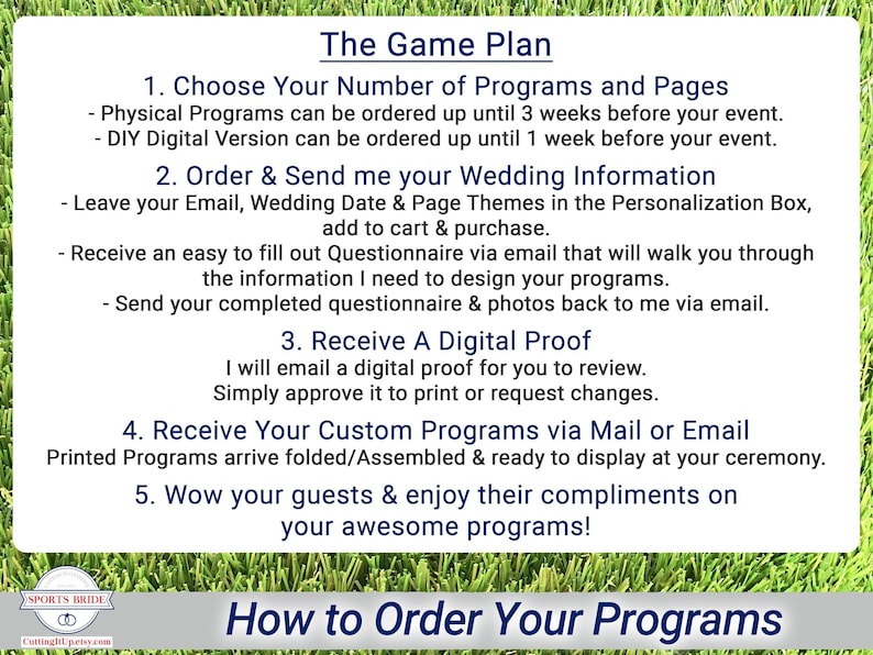 wedding program ordering process infographic showing step by step instructions from choosing page count to proof approval and delivery