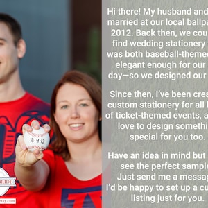 Engaged couple holding a baseball with their wedding date on it, with text describing the shop’s story and custom sports-themed stationery services.