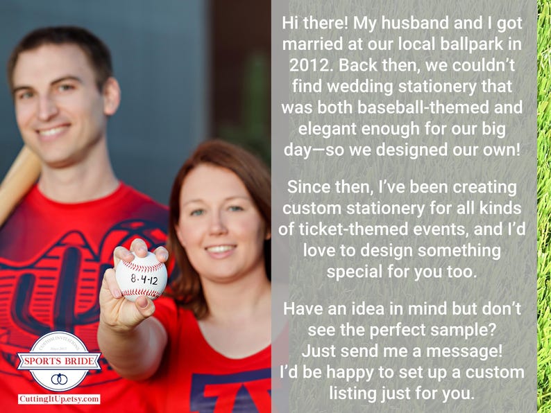 Engaged couple holding a baseball with their wedding date on it, with text describing the shop’s story and custom sports-themed stationery services.