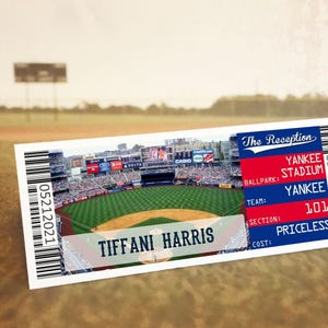 Baseball Wedding Place Card Ticket, New York Table Placecards With Food Choice, Dinner Reception Seating Chart Ticket Template Download