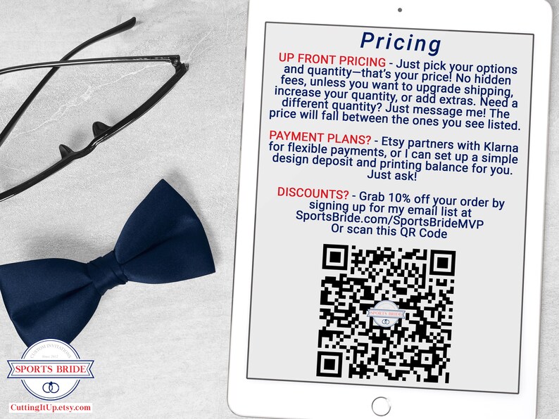 May include: A navy blue bow tie and black-rimmed glasses next to a white tablet displaying text about pricing, payment plans, and discounts, including a QR code and the URL SportsBride.com/SportsBrideMVP, with a Sports Bride logo at the bottom.