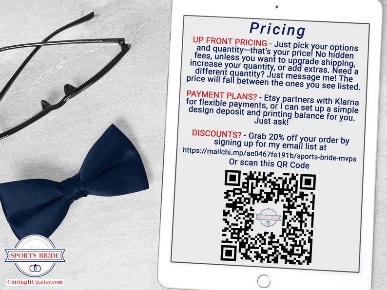 pricing information displayed on a tablet beside black glasses and a navy bow tie on a light grey surface with CuttingItUp.etsy.com branding
