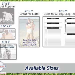 Custom Post-it note size chart displaying popular sticky note sizes for save the date designs, lists, and long-term use