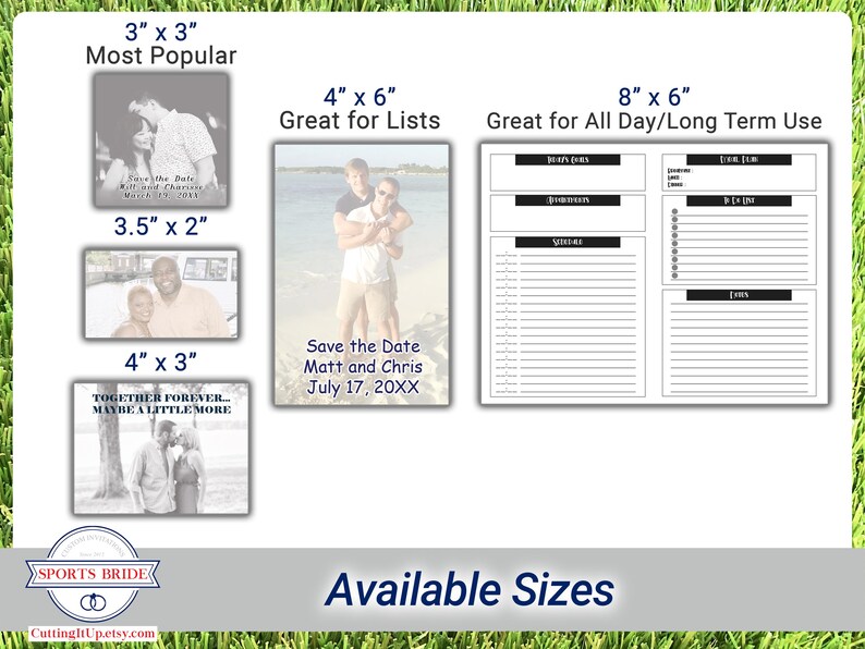 Custom Post-it note size chart displaying popular sticky note sizes for save the date designs, lists, and long-term use