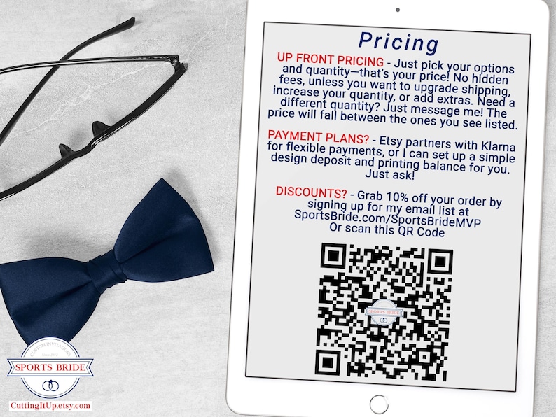 pricing information displayed on a tablet beside black glasses and a navy bow tie on a light grey surface with CuttingItUp.etsy.com branding