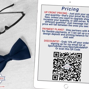 pricing information displayed on a tablet beside black glasses and a navy bow tie on a light grey surface with CuttingItUp.etsy.com branding
