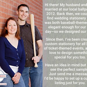 engaged couple holding a baseball bat, sharing the story behind creating custom sports themed wedding stationery