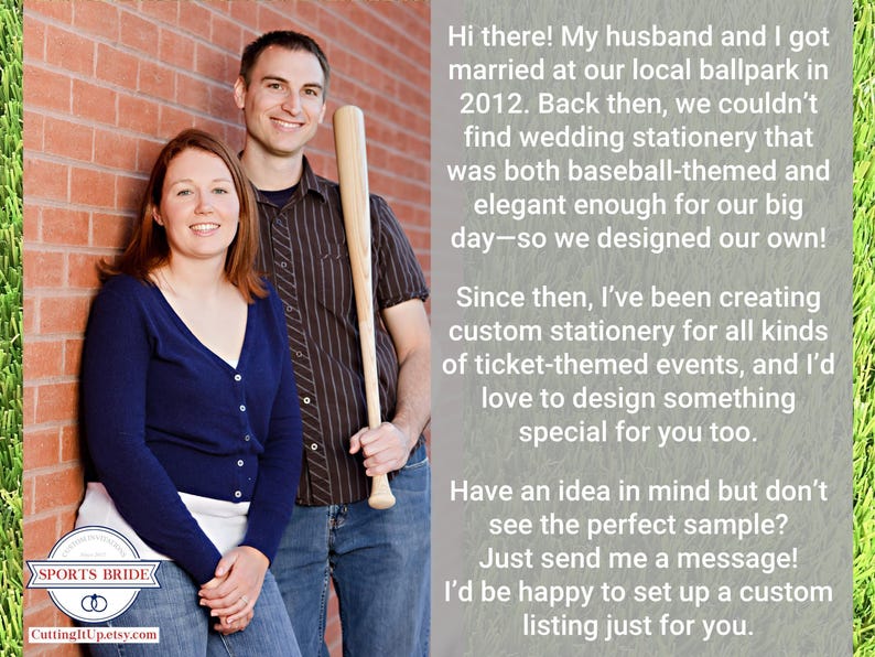 engaged couple holding a baseball bat, sharing the story behind creating custom sports themed wedding stationery