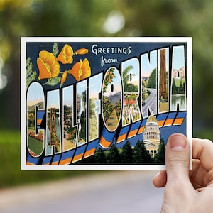 Carte postale californienne « Save the Date », Greetings from Los Angeles Wedding faire-part RSVP, cartes d'invitation San Diego, San Francisco City