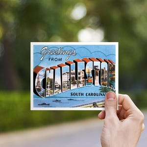 May include: A rectangular postcard featuring the text Greetings From Charleston South Carolina in large, three-dimensional block letters. Each letter contains a small, colorful illustration of local landmarks, buildings, and coastal scenery.