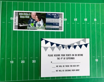 Football Wedding Ticket Invitations, Seattle Theme Reception Invite and RSVP Postcard, Philadelphia Tailgate Invitation Template Download