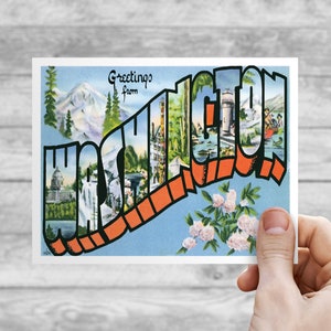 Les salutations de l'État de Washington font gagner la carte postale | faire-part de mariage vintage grande lettre | Invitation nord-ouest du Pacifique