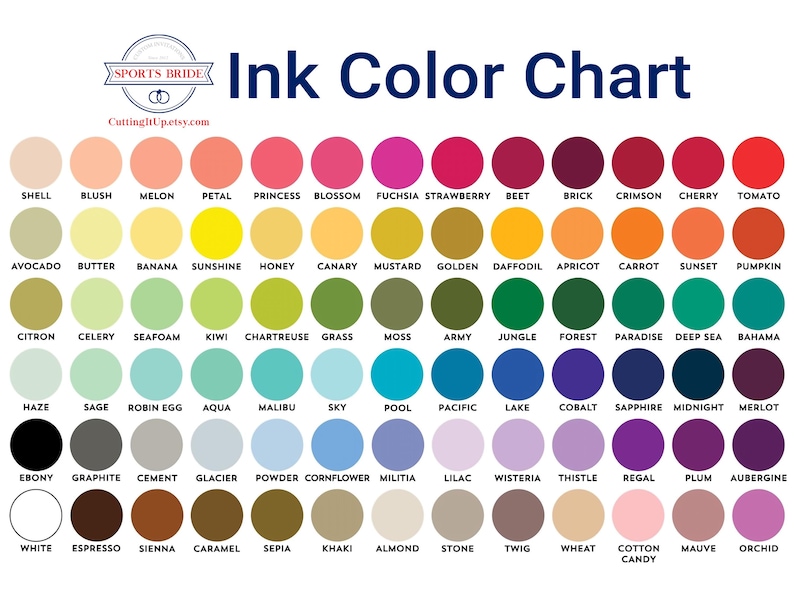 May include: An ink color chart featuring a grid of numerous circular color swatches arranged in rows. Each circle is labeled with a specific color name such as Shell, Blush, Melon, Petal, Princess, Blossom, Fuchsia, Strawberry, Beet, Brick, Crimson, Cherry, Tomato, and others.