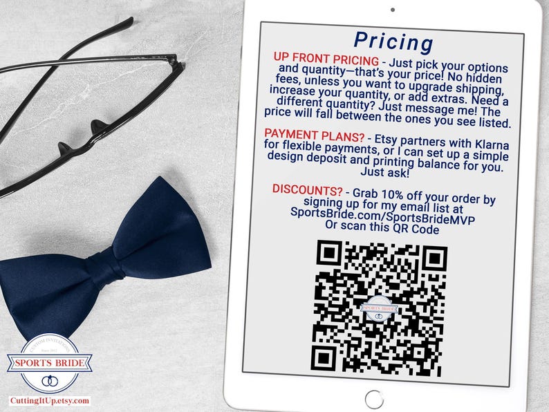 Pricing information displayed on a tablet with a QR code to sign up for a mailing list and get a coupon code beside black glasses and navy bow tie on light grey surface with CuttingItUp.etsy.com branding