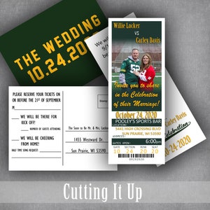 Football Wedding Ticket Invitations and RSVP Postcard, Green Bay Sports Theme Tailgate Party Invite Set, Unique Oregon Reception Card image 7