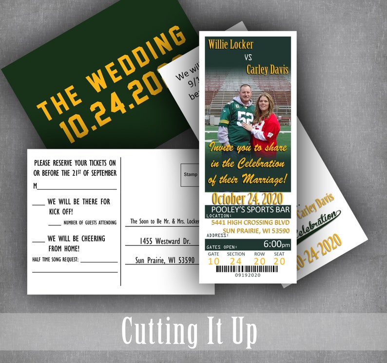 Football Wedding Ticket Invitations and RSVP Postcard, Green Bay Sports Theme Tailgate Party Invite Set, Unique Oregon Reception Card image 7