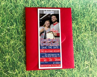 Baseball Ticket Save the Date Magnet, Philadelphia or Texas Sports Wedding Invitation, Custom Red and Blue Team Colors Ballpark Reception