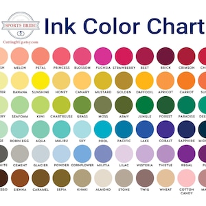 wedding stationery ink color chart displaying custom print color options for invitations, signs, save the dates and postcards, with labeled swatches and CuttingItUp.etsy.com branding