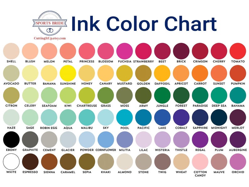 wedding stationery ink color chart displaying custom print color options for invitations, signs, save the dates and postcards, with labeled swatches and CuttingItUp.etsy.com branding