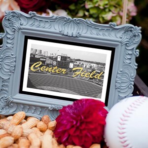 Baseball Table Number Reception Signs, Custom Black, White and Gold Sports Theme Decor, Atlanta Ballpark Wedding Decoration