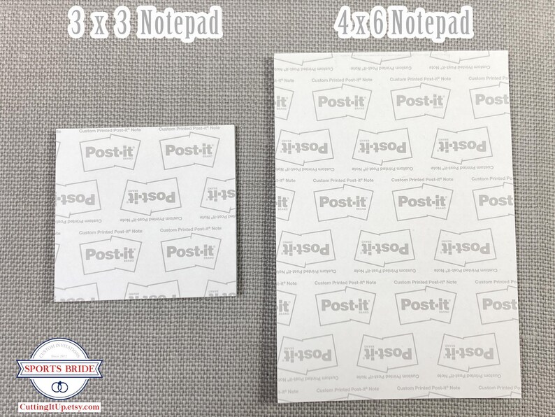 back of Post-it brand custom notepads showing official Post-it backing and branding on 3x3 and 4x6 notepads