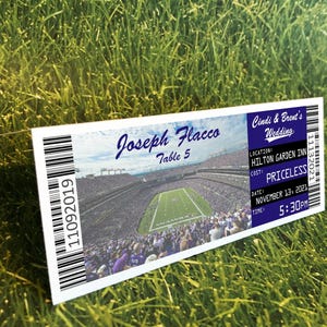 Football Wedding Ticket Place Cards, Baltimore Seating Chart Table Cards, Minnesota Blank or Guest Name Placecard With Meal Choice Template