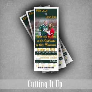 Football Wedding Ticket Invitations and RSVP Postcard, Green Bay Sports Theme Tailgate Party Invite Set, Unique Oregon Reception Card image 2