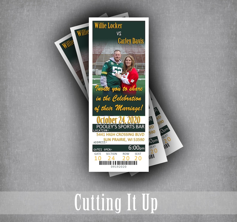 Football Wedding Ticket Invitations and RSVP Postcard, Green Bay Sports Theme Tailgate Party Invite Set, Unique Oregon Reception Card image 2
