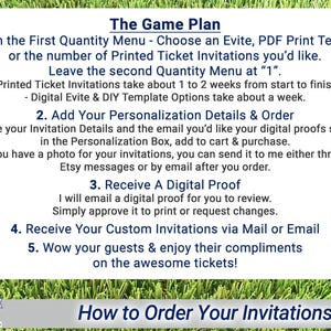 how to order ticket invitations infographic showing printed and digital options, personalization, digital proof approval, and delivery