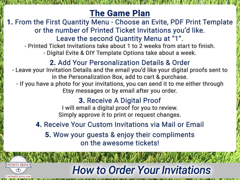 how to order ticket invitations infographic showing printed and digital options, personalization, digital proof approval, and delivery