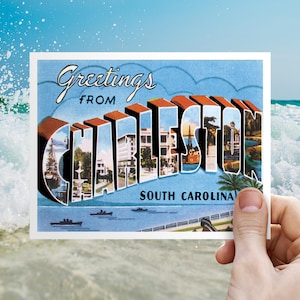 Cartes postales « Save the Date » de Charleston en Caroline du Sud, cartes postales RSVP pour faire-part de mariage, salutations de la Colombie, itinéraire du week-end dans le sac de bienvenue