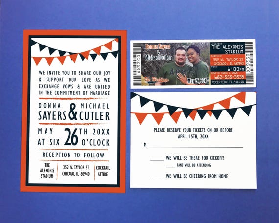 Football Wedding Ticket Invitation Suite, Chicago Sports Team Theme Vow Renewal Invites with RSVP Cards, Denver Bar Mitzvah Invite Template
