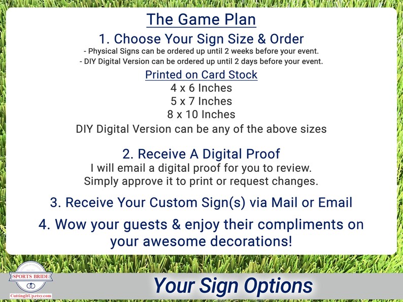 May include: A white informational sign titled The Game Plan with dark blue text outlining four steps for ordering custom signs. It lists sizes in inches including 4x6, 5x7, and 8x10, and mentions options for card stock prints or DIY digital versions.