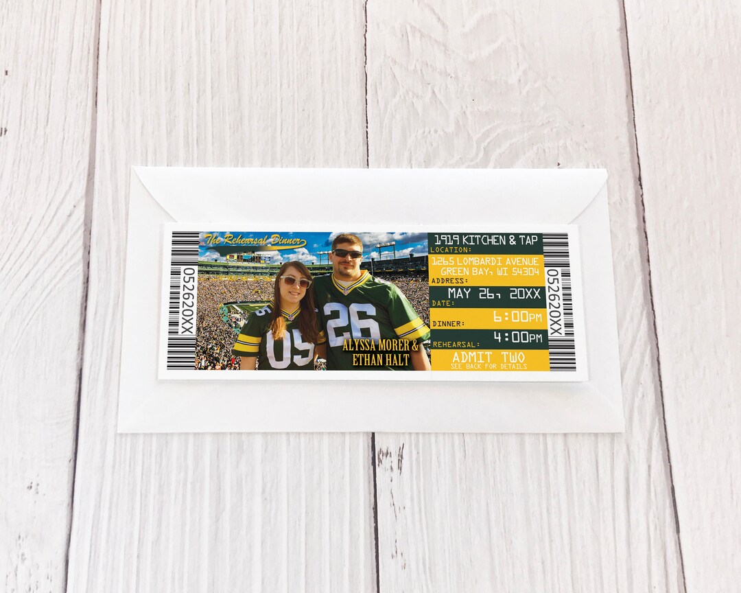 Rehearsal Dinner Invitation Ticket, Green Bay Theme Football Wedding ...