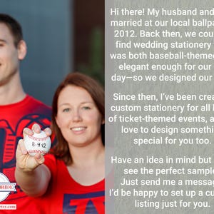 Engaged couple holding a baseball with their wedding date on it, with text describing the shop’s story and custom sports-themed stationery services.