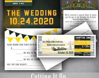 Football Wedding Invitation Ticket and RSVP / Sports Theme Save the Date Invite Set / Green and Yellow Packers Ducks Hotel Detail Card