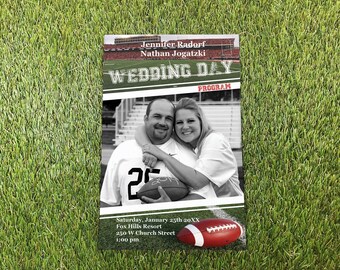 Football Wedding Program Magazine Booklet, University Sports Team Tailgate Wedding Day Itinerary Infographic, Wisconsin Game Day Timeline