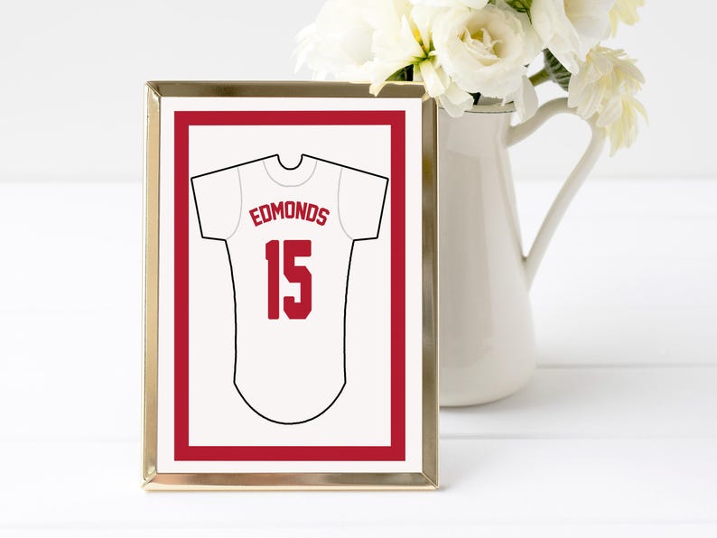 May include: A rectangular gold-toned frame containing a white print of a sports jersey. The jersey is outlined in black and features the name EDMONDS in red capital letters above the number 15 in red. A red rectangular border surrounds the jersey.