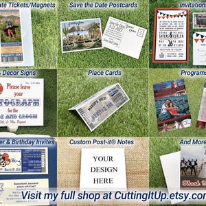 Collage showing examples of sports-themed stationery and event items, including save the date tickets, postcards, invitations, table signs, place cards, programs, baby shower and birthday tickets, custom Post-it notes, and thank-you cards, all displayed on grass backgrounds.